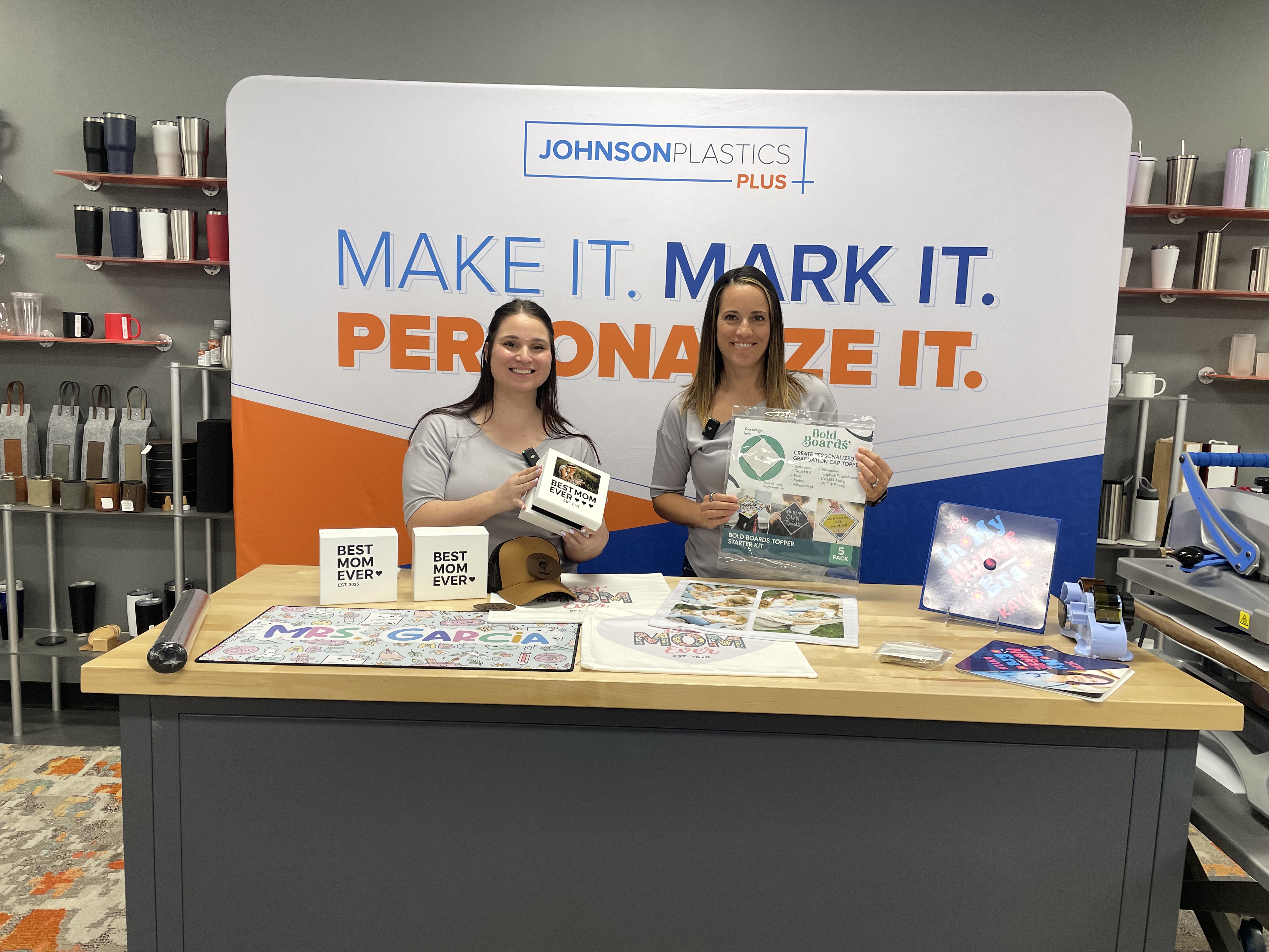 Personalized blank products from JPPlus including a graduation cap topper, sublimation desk mat, and white jewelry box for custom decorating.