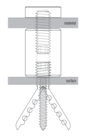 Line drawing showing standoff hardware installed through material and secured into a wall surface with an anchor screw.