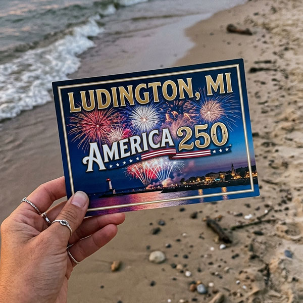 hand holding a post card on the beach with the text Ludington, MI America 250 and fireworks over the lake