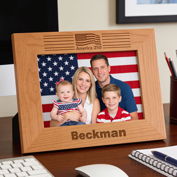 Maple wood photo frame with America 250 design engraved and the last name Beckman