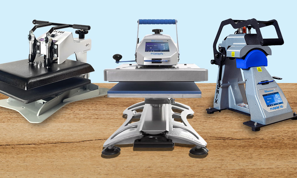 GeoKnight heat press on the left, Stahls heat press in the middle, Stahls hat press on the right
