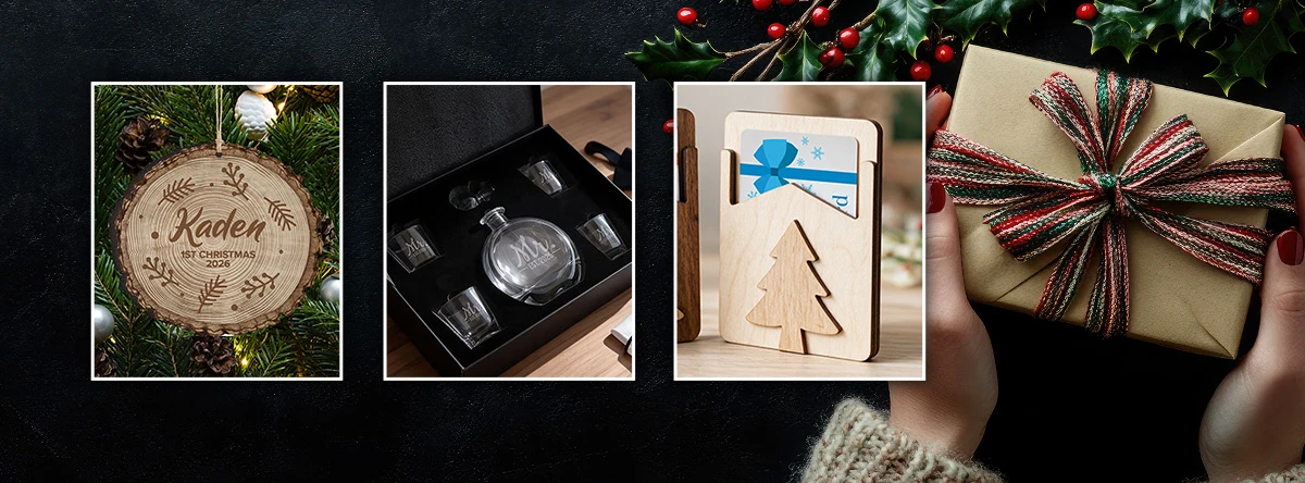 holiday themed banner, hands holding a gift with holiday greenery. 3 blocks with lifestyle images of personalized gift products. Wood log ornament, Whiskey decanter set and Gift card holder