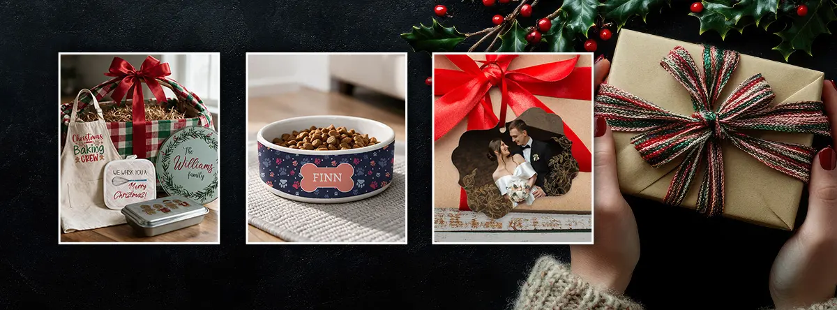 holiday themed banner, hands holding a gift with holiday greenery. 3 blocks with lifestyle images of personalized gift products. Kitchen gift set, dog bowl and ornament gift tag