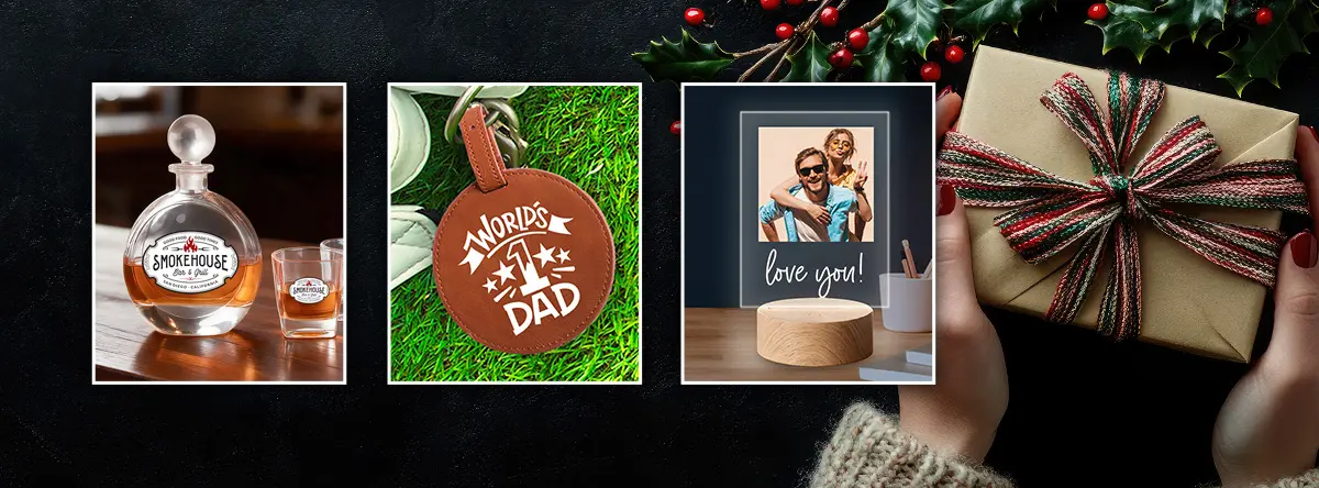 holiday themed banner, hands holding a gift with holiday greenery. 3 blocks with lifestyle images of personalized gift products. Whiskey decanter set, golf tee holder, acrylic light up sign