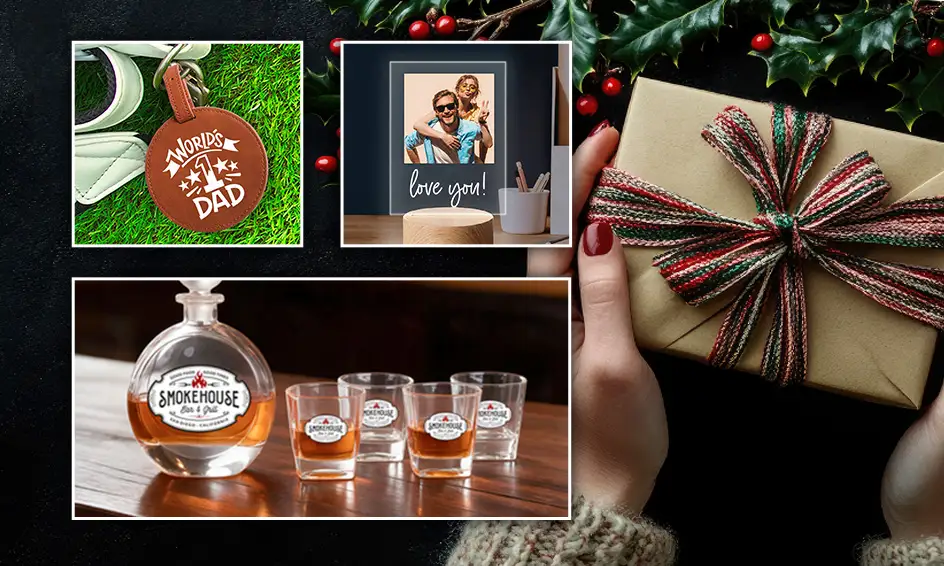 holiday themed banner, hands holding a gift with holiday greenery. 3 blocks with lifestyle images of personalized gift products. Whiskey decanter set, golf tee holder, acrylic light up sign