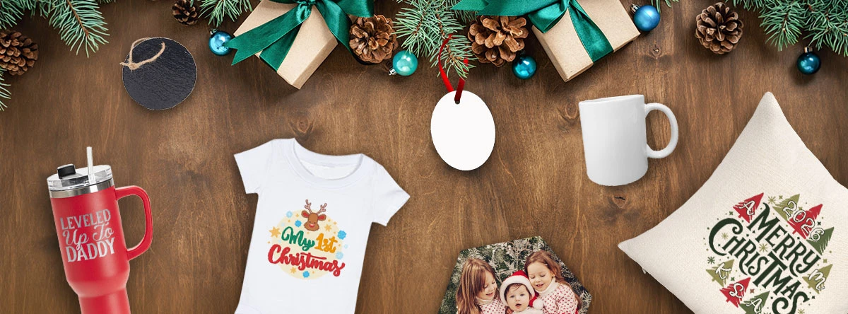 Christmas gift ideas including personalized drinkware, a baby shirt, ornaments, a mug, a Christmas pillow, and a family photo on a festive wooden background.