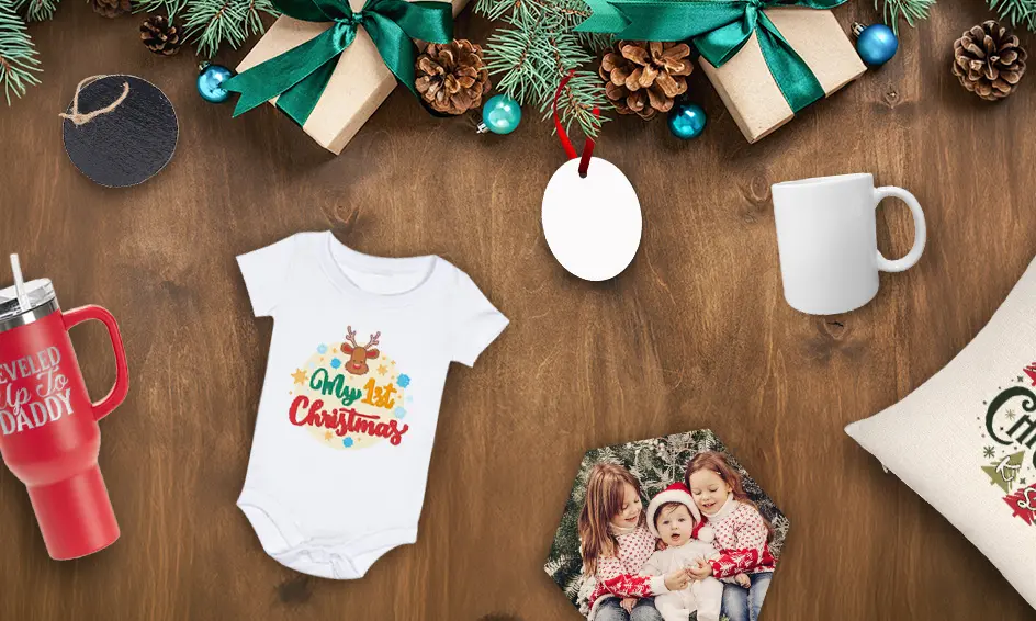 Christmas gift ideas including personalized drinkware, a baby shirt, ornaments, a mug, a Christmas pillow, and a family photo on a festive wooden background.