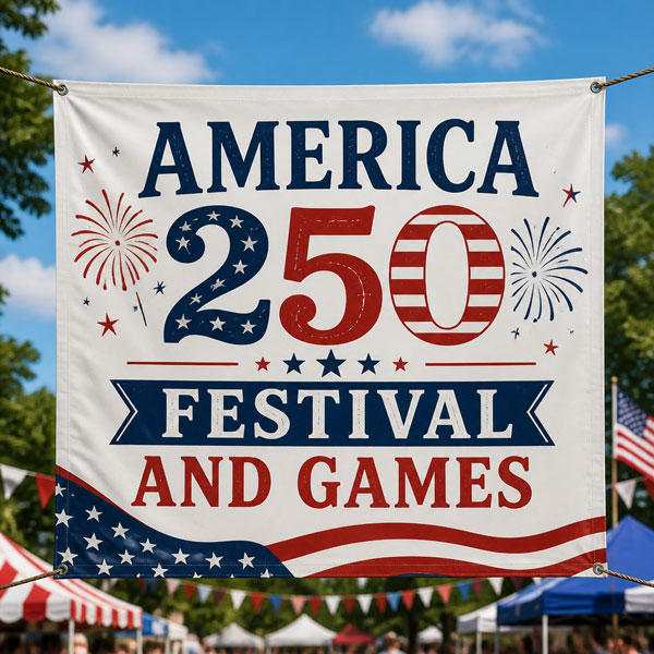 America 250 festival and games white banner hanging at festival