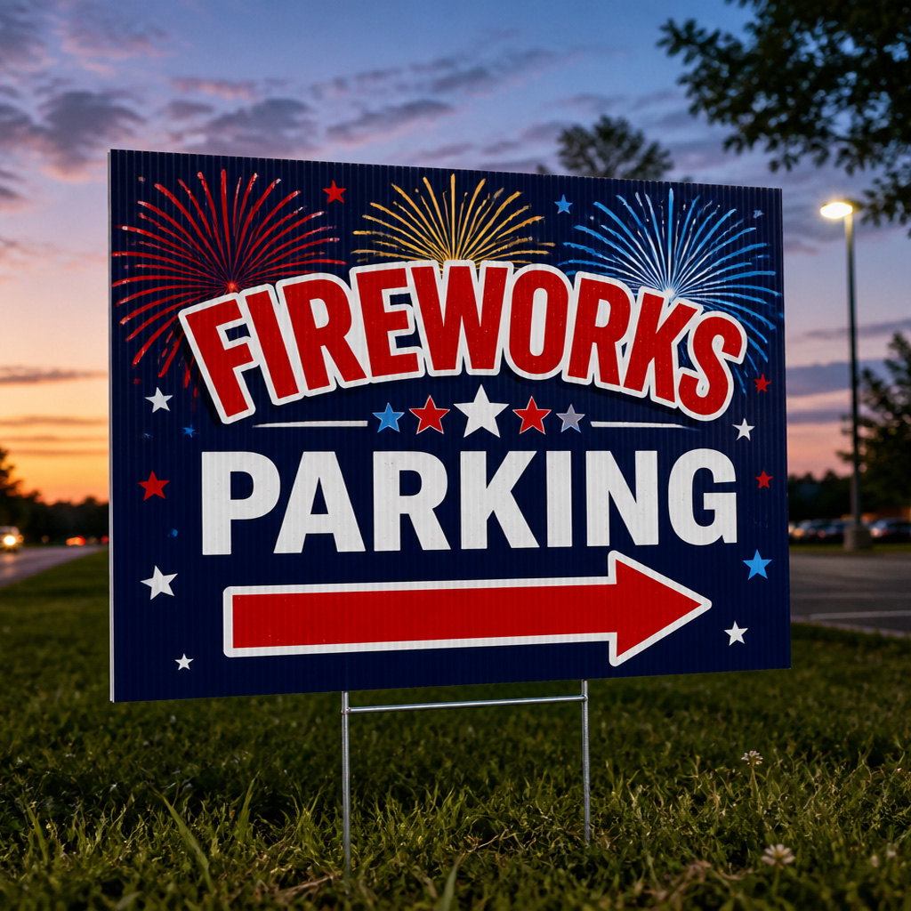 Corrugated plastic H stake sign sitting in the grass with firework background and text that says "Fireworks parking" and an arrow