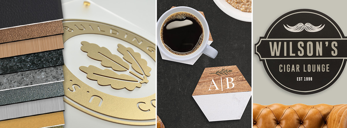 luxury sheet composite with lifestyle images of Metalgraph plus sign, marble & acacia coaster and Naturals sign