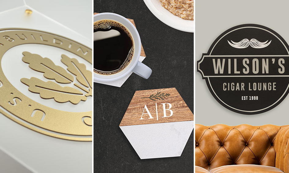 luxury sheet composite with lifestyle images of Metalgraph plus sign, marble & acacia coaster and Naturals sign