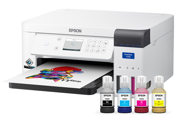 Epson F170 sublimation printer with print coming out of it and Epson ink bottles