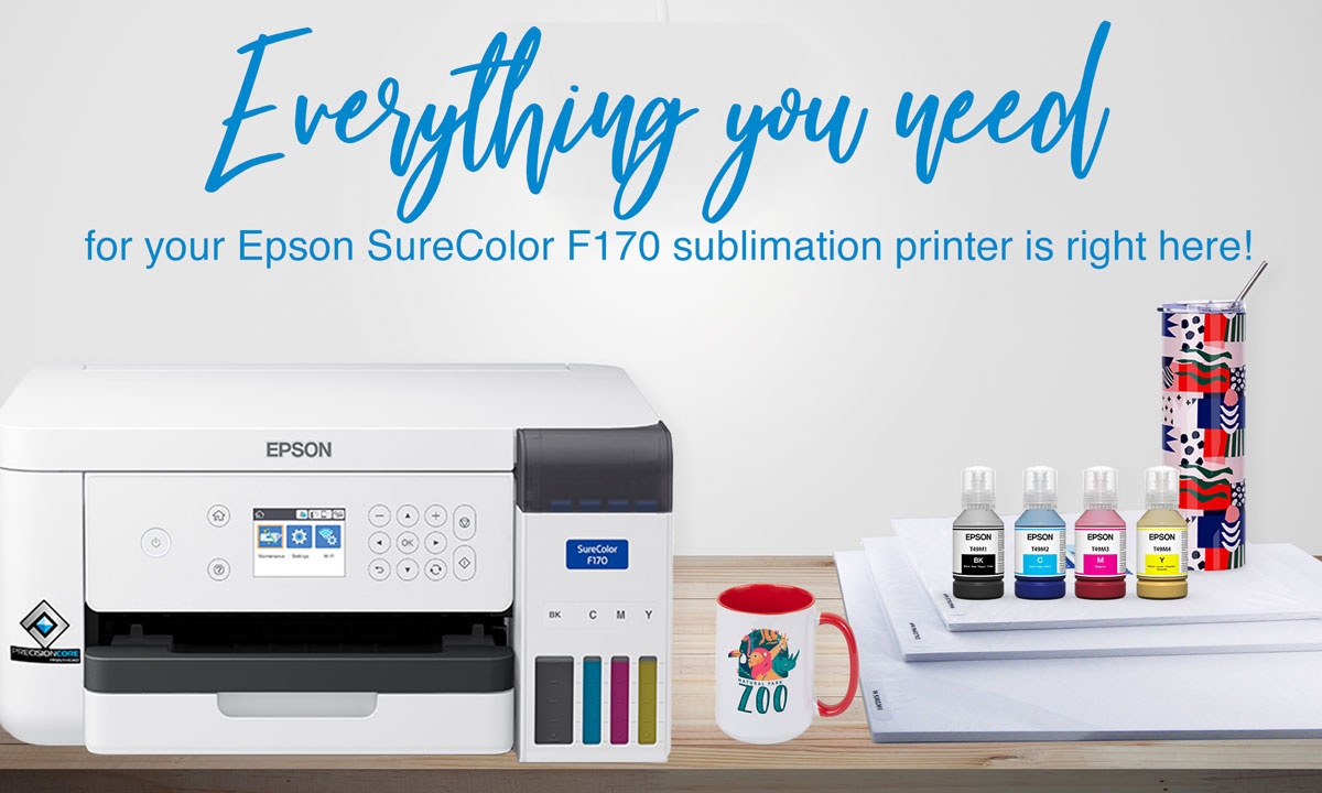 Epson surecolor F170 sublimation printer sitting on a desk with paper, ink, a tumbler, and a mug with the text Everything you need for your Epson