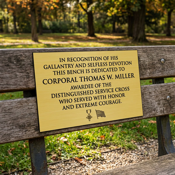 brushed gold and black military plaque on a park bench