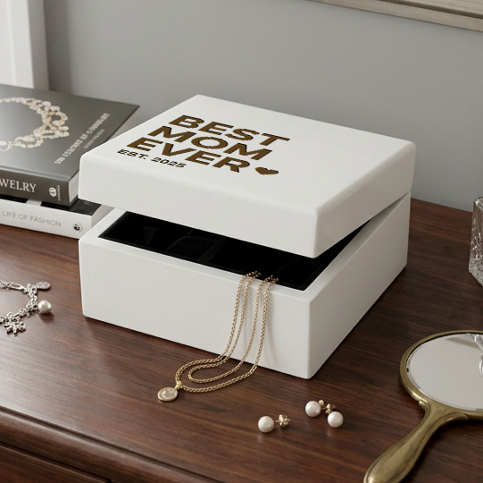 white engraved jewelry box that says best mom ever est 2025 sitting on a dresser