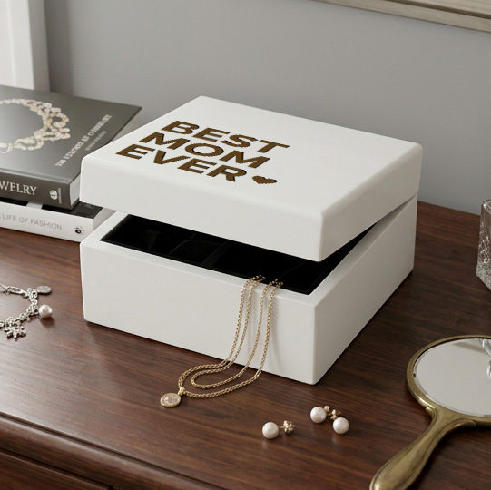 white engraved jewelry box that says best mom ever sitting on a dresser