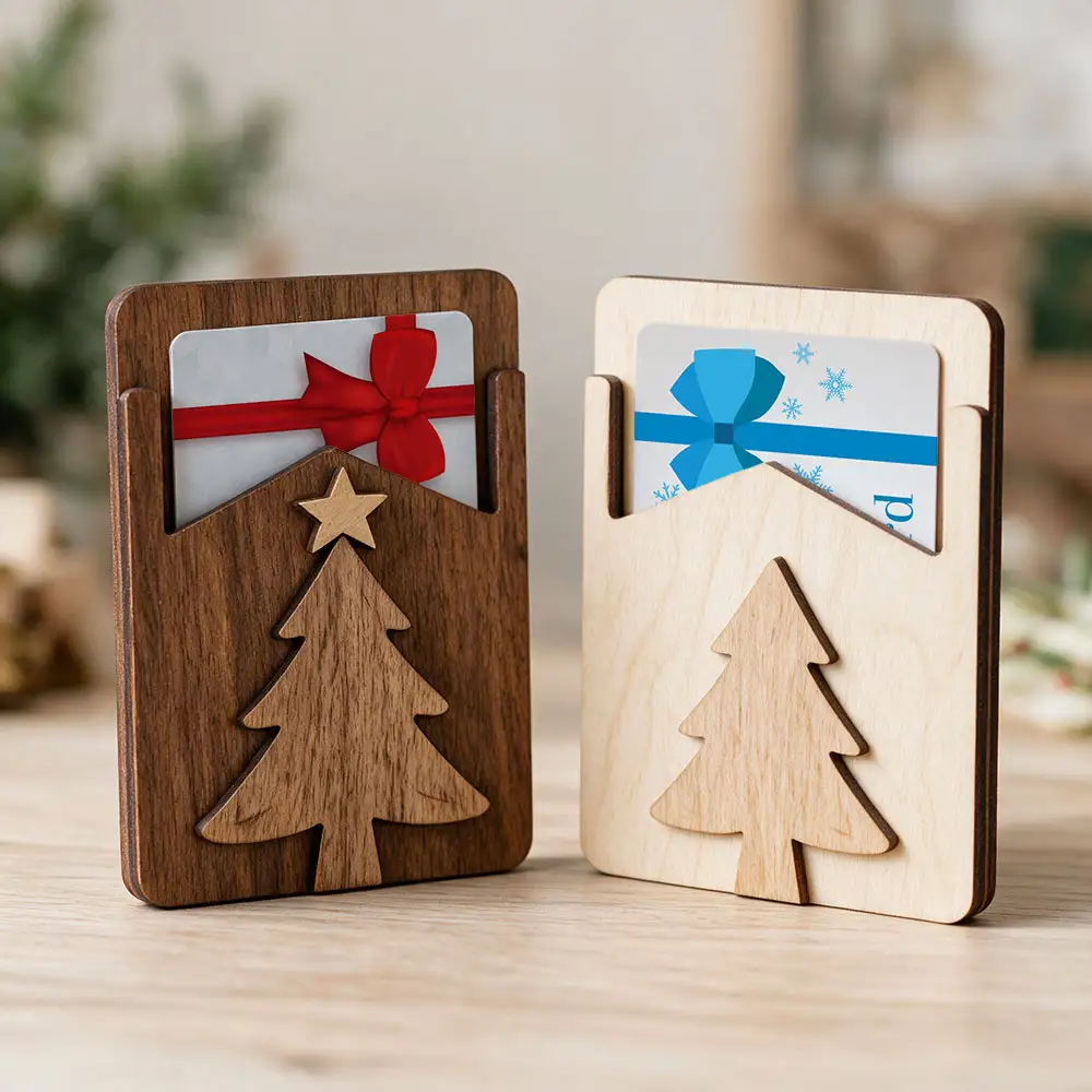 image of two laser cut wood gift card holders with Christmas Trees on the front