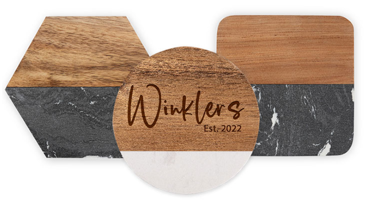 hexagon, round and square marble and acacia coaster group