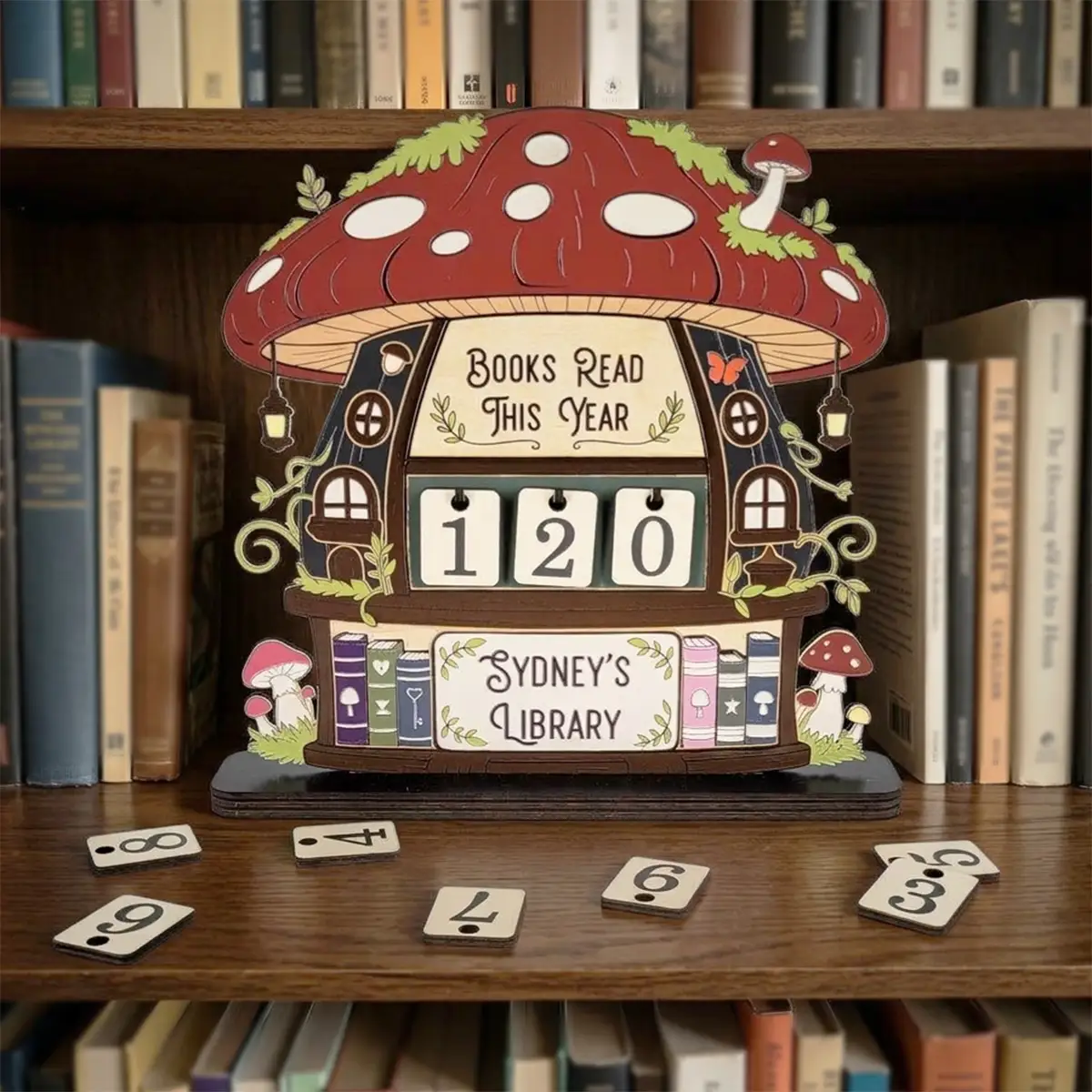 image of books ready this year sign mushroom shaped with wood number plaques to switch out