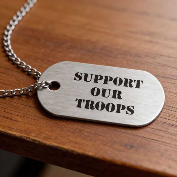 Stainless Steel Dog Tag that has "support our troops" engraved sitting on a table