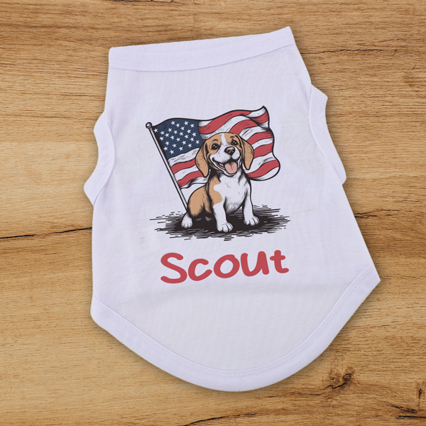 white dog tank sitting on a wood table with a beagle dog and american flag with the name Scout printed on it