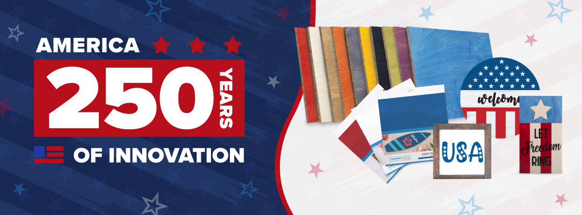 Patriotic banner that says "America 250 Years of Innovation" with products made in the USA