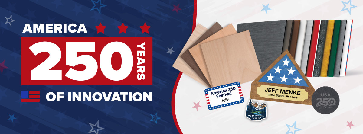 Banner promoting "America 250 Years of Innovation" featuring patriotic products