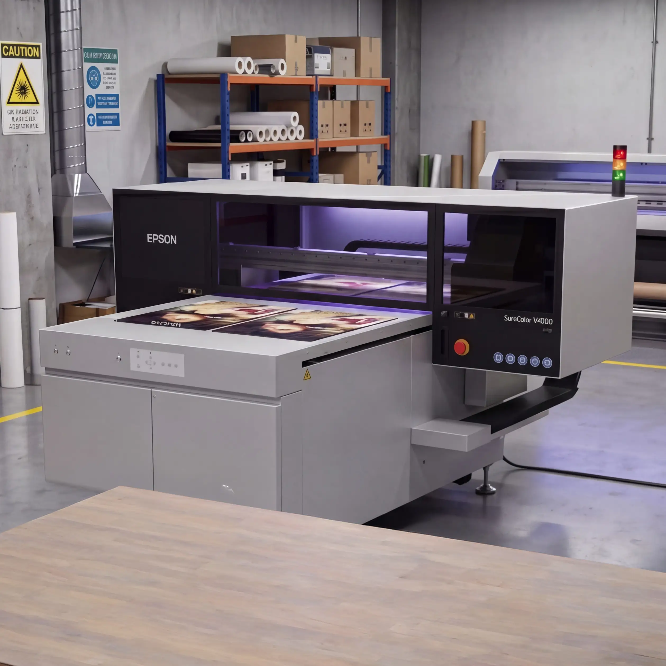 image of the Epson V4000 UV printer in a shop printing signs