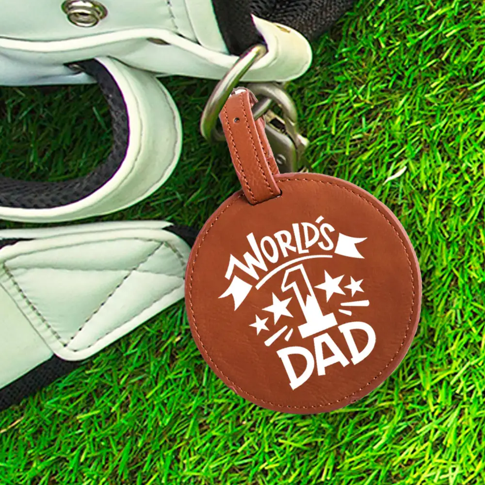 chestnut golf tee holder hanging on a golf bag with print that says world's #1 dad