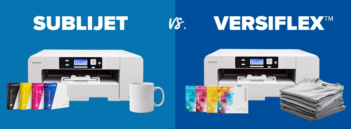Sawgrass SubliJet and VersiFlex sublimation printers compared side by side, with SubliJet shown with sublimation ink boxes and a white mug, and VersiFlex shown with ink boxes and a stack of gray shirts.