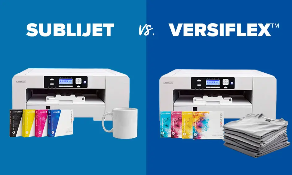 Sawgrass SubliJet and VersiFlex sublimation printers compared side by side, with SubliJet shown with sublimation ink boxes and a white mug, and VersiFlex shown with ink boxes and a stack of gray shirts.