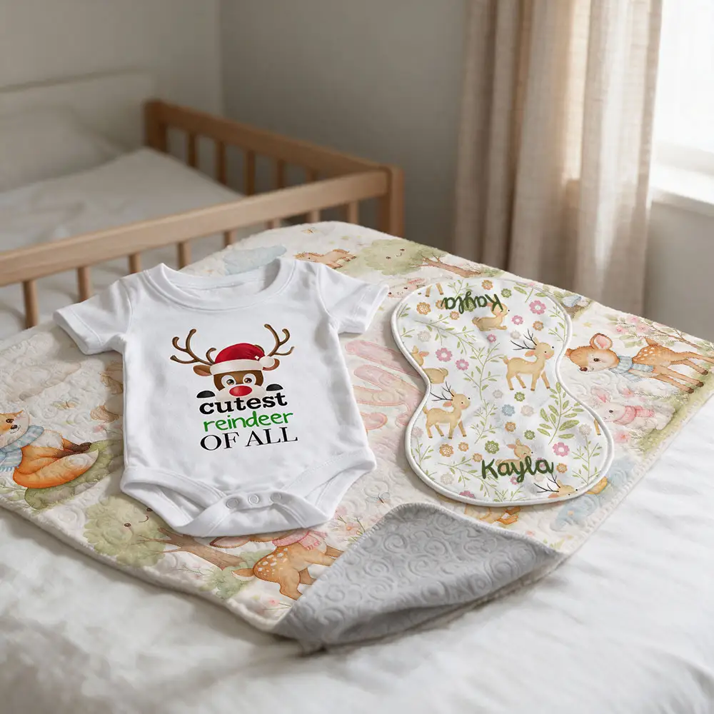 Personalized baby gift set featuring a reindeer-themed one piece, custom name burp cloth, and woodland animal baby blanket.