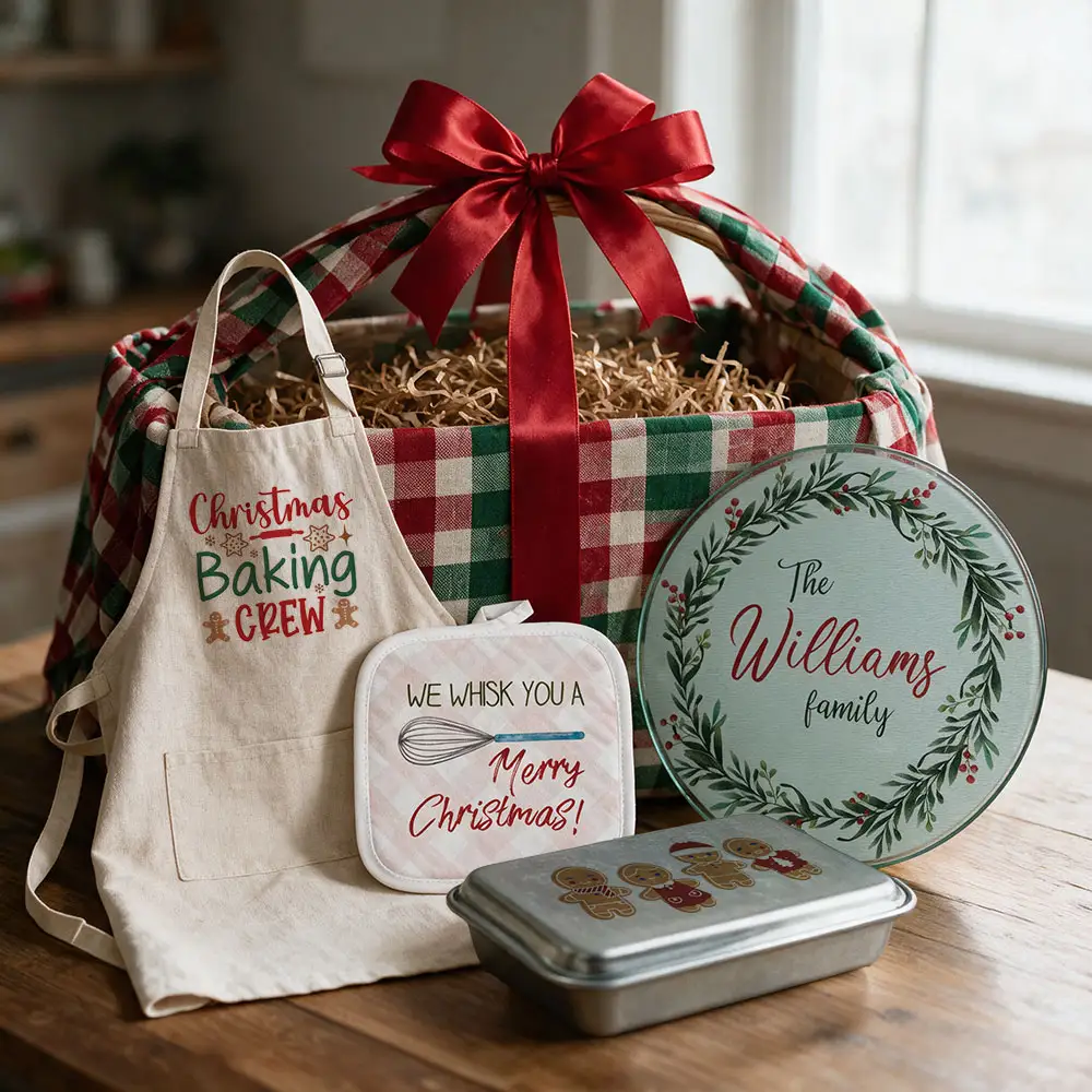 Personalized Christmas baking gift set with a plaid gift basket, festive apron, pot holder, family glass cutting board, and decorated baking pan.