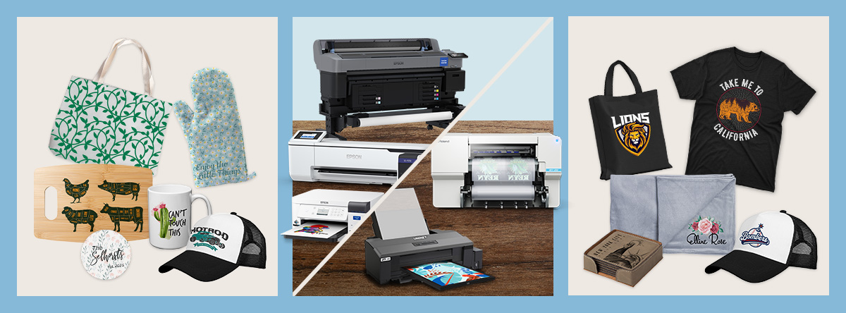 sublimation blanks and finished products, sublimation printers, DTF printers and DTF finished products