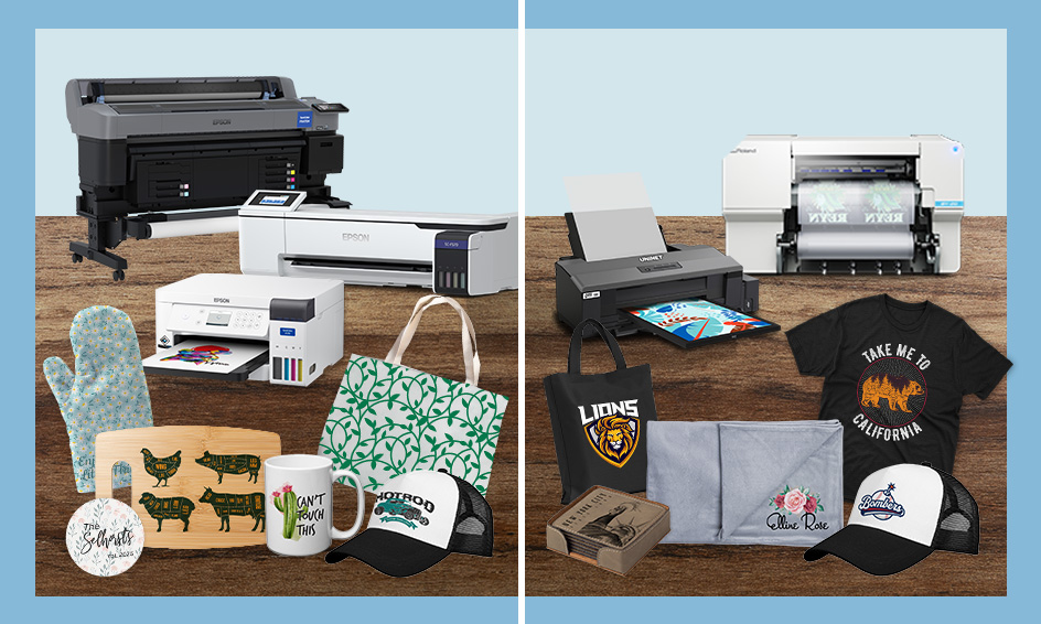sublimation blanks and finished products, sublimation printers, DTF printers and DTF finished products