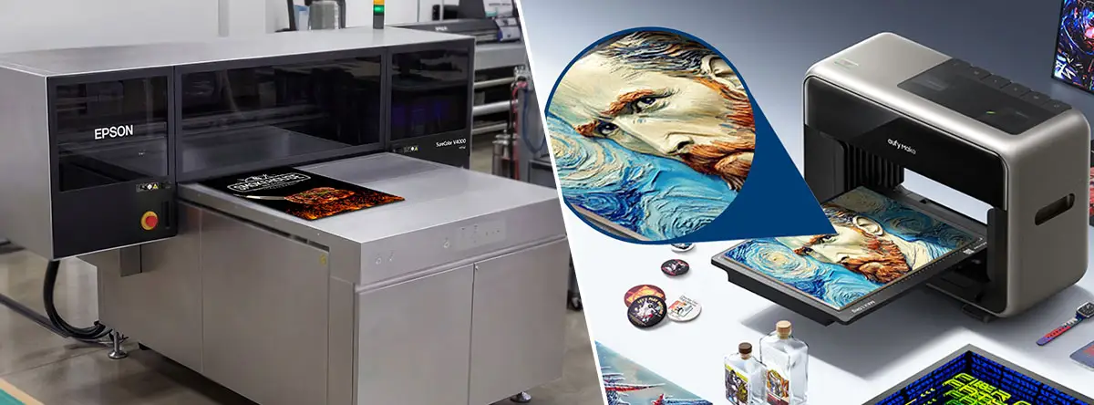 Split image showing two UV printers: a large Epson UV printer producing colorful printed materials on the left and a compact desktop UV printer producing vibrant artwork and personalized products on the right.