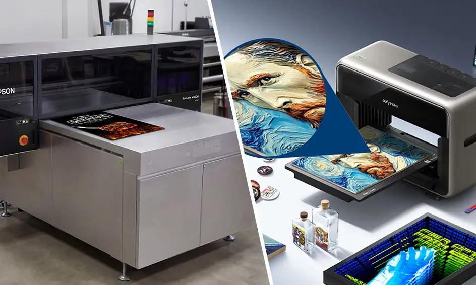 Split image showing two UV printers: a large Epson UV printer producing colorful printed materials on the left and a compact desktop UV printer producing vibrant artwork and personalized products on the right.