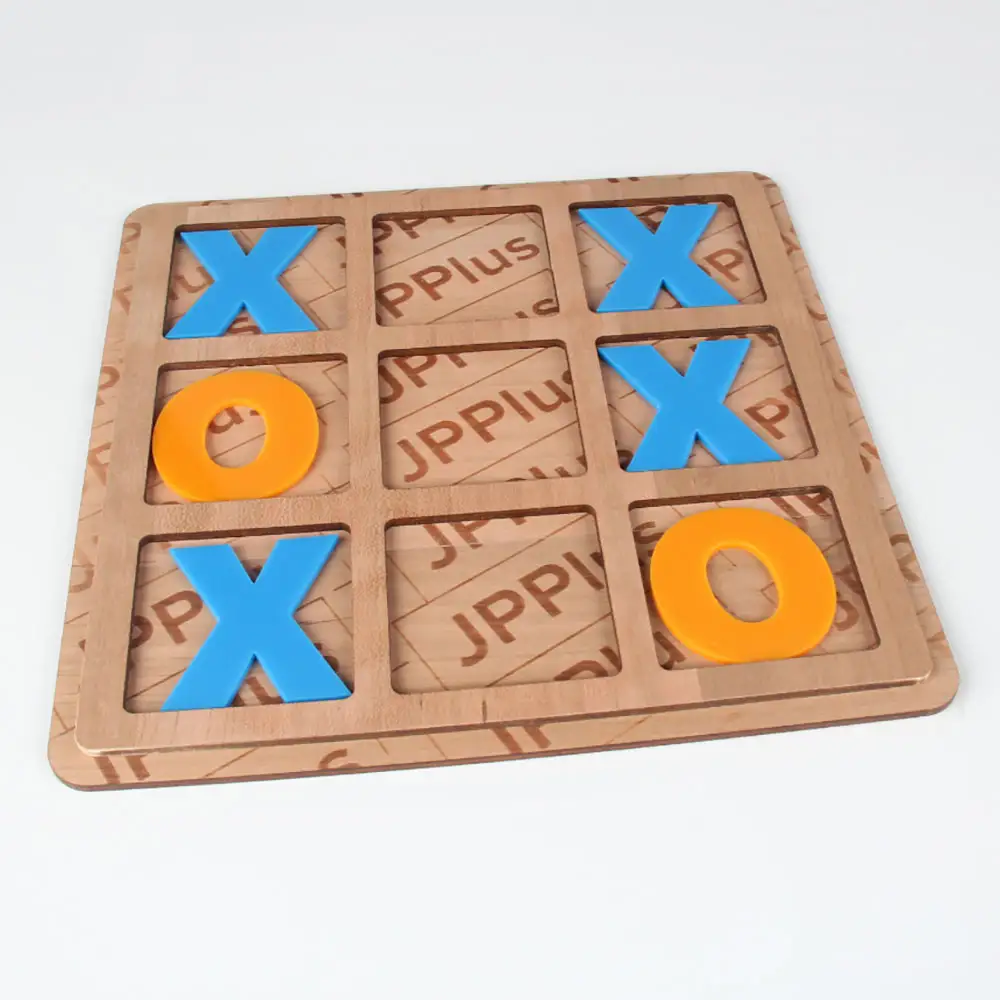 image of a tabletop tic tac toe game using wood base and blue acrylic for x's and orange acrylic for o's