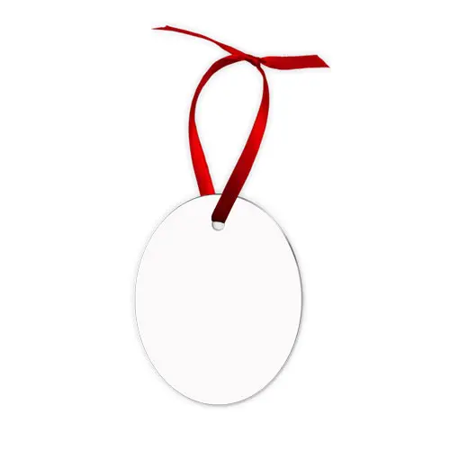 oval shaped white ornament with red ribbon