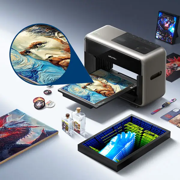 image of the eufyMake E1 uv printer printing a textured design. printer surrounded by uv printed products