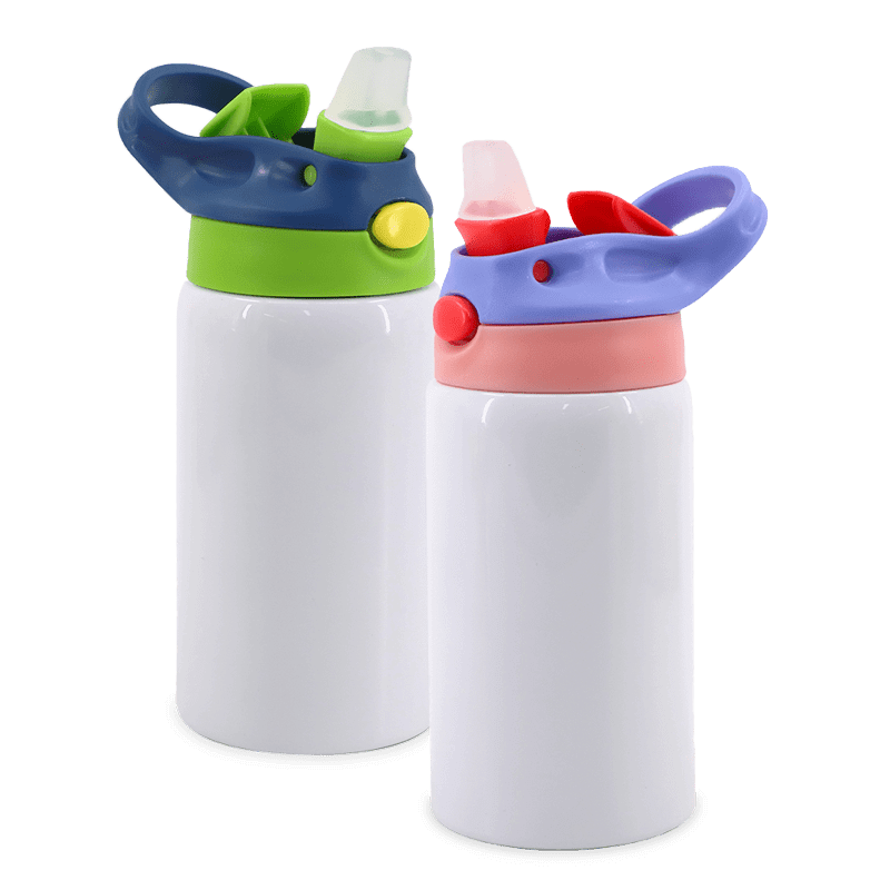 group image of 12oz stainless steel tumbler one with green and blue lid and the other with purple and pink lid