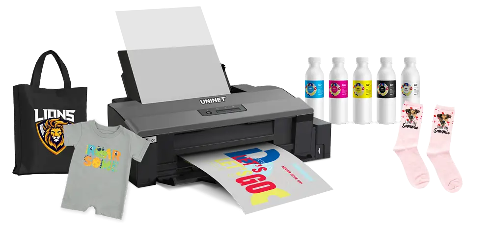 UniNet DTF printer with ink and fabricated examples