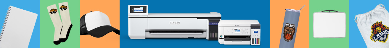customizable products including a notebook, socks, hat, drinkware, lunchbox, and tote bags, surrounding epson sublimation printers
