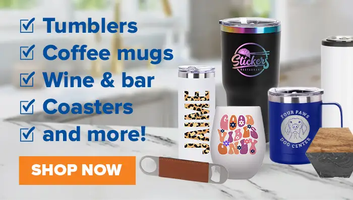 drinkware products sitting on a countertop with text that says tumblers, coffee mugs, wine & bar, coasters and more shop now