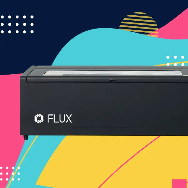bright abstract 90's theme background with Flux Beambox II laser and Flux Logo in white