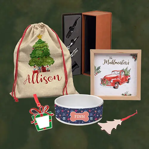 Personalized holiday gifts on a green background, including a Christmas tree drawstring bag, framed red truck illustration, personalized pet bowl, gift ornament, tree ornament, and engraving tool set.