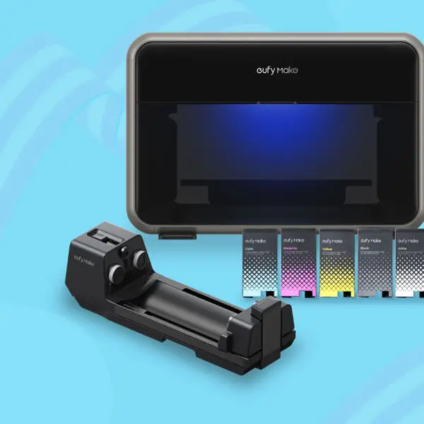 light blue background with American flag. Image of eufyMake printer, rotary attachment and ink