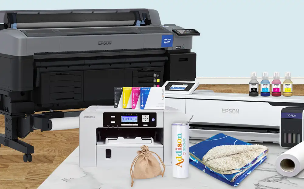Sawgrass SG500, Epson F570, Epson F6470 in a room with sublimation blanks, ink and paper