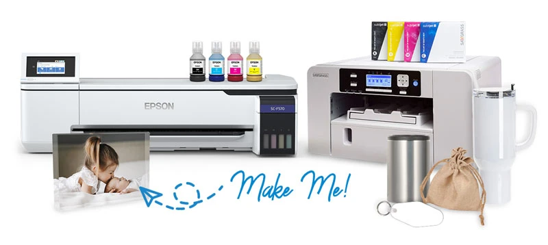 group image of the Epson F570 and ink, Sawgrass SG500 and ink with blank products and a fabricated example